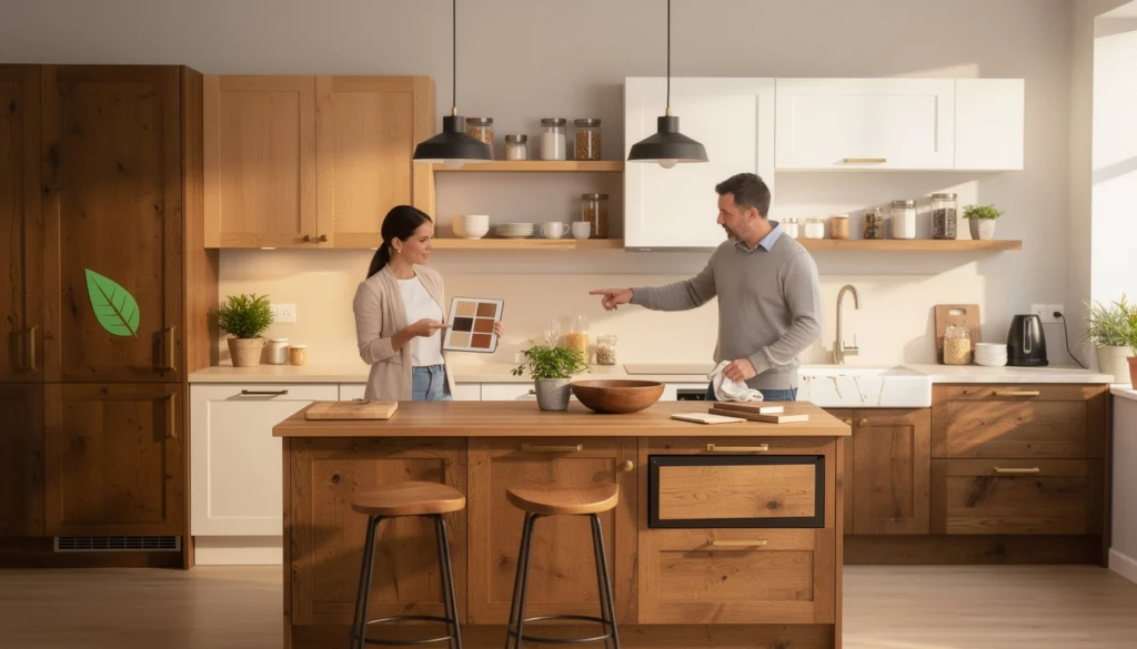 Une femme et un homme se tiennent dans une cuisine en bois Une femme et un homme se tiennent dans une cuisine en bois