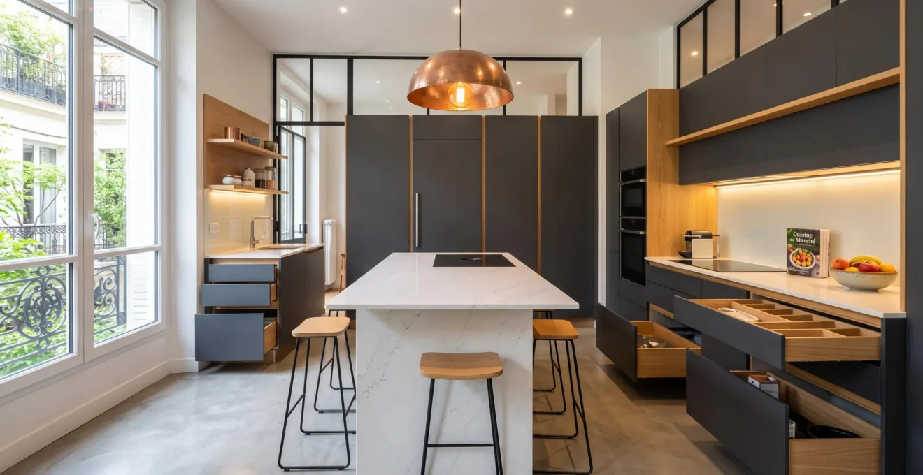Cuisine design moderne ouverte avec îlot central en quartz, façades laque sombre et bois naturel, électroménager intégré invisible, éclairage multicouche LED, rangements coulissants organisés, lumière naturelle par baie vitrée, circulation spacieuse