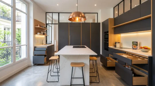 Cuisine design moderne ouverte avec îlot central en quartz, façades laque sombre et bois naturel, électroménager intégré invisible, éclairage multicouche LED, rangements coulissants organisés, lumière naturelle par baie vitrée, circulation spacieuse