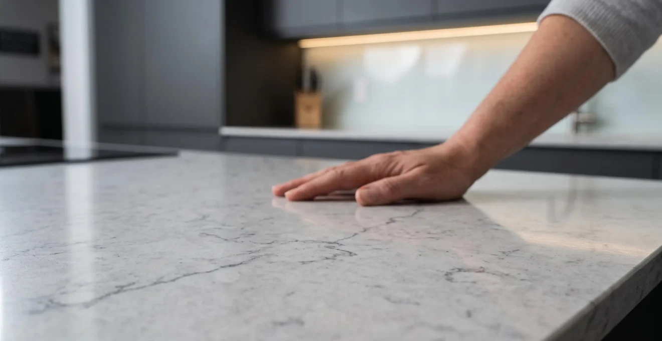 Gros plan d'un plan de travail en quartz blanc-gris avec veinage anthracite, main posée naturellement sur la surface lisse, façades laque graphite et crédence verre en arrière-plan flou, lumière rasante révélant la texture
