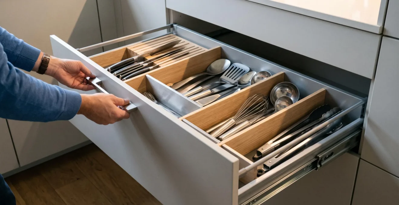 Tiroir large de cuisine ouvert en extension complète avec organisation modulable visible, séparateurs ajustables, ustensiles rangés verticalement dans compartiments dédiés, mains tirant le tiroir, éclairage intérieur LED